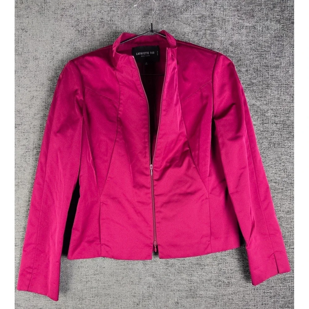 Lafayette 148 Jacket Womens 8P Fuchsia Full Zip Collarless Solid Minimalist
